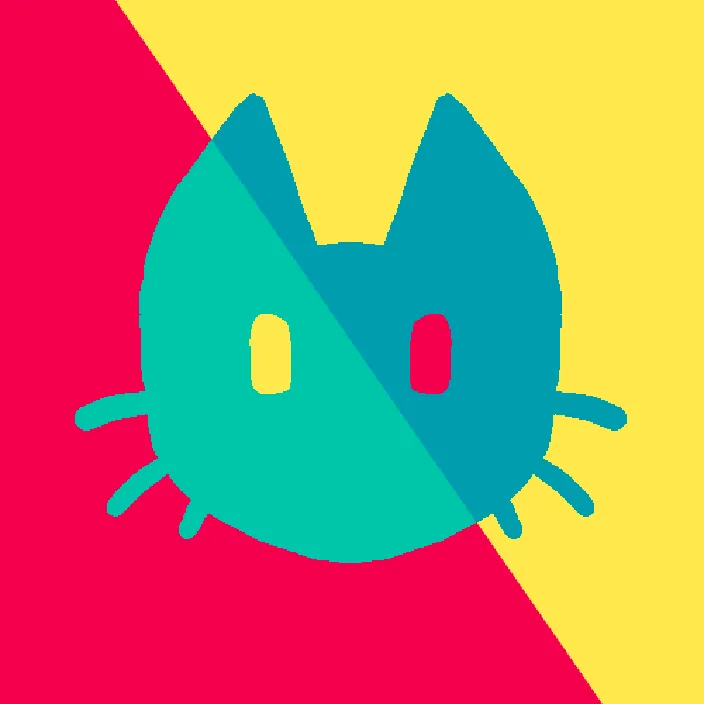 Stylized drawing of a blue cat's face that has yellow and pink eyes, over a pink-and-yellow background.