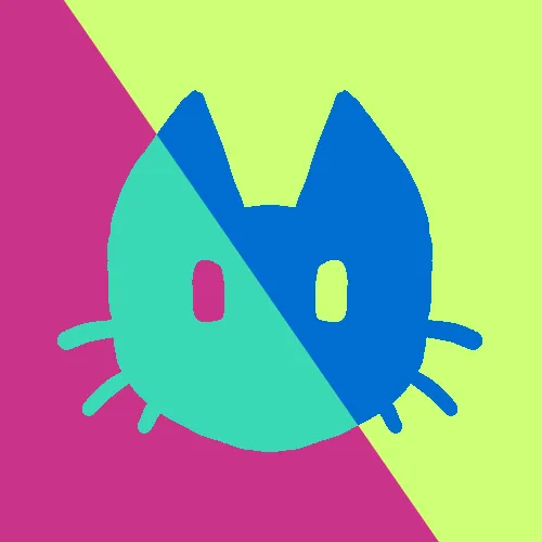 Stylized drawing of a blue cat's face that has yellow and pink eyes, over a pink-and-yellow background.