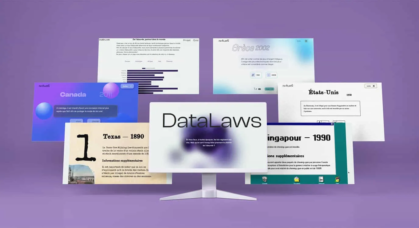 Mockup of the DataLaws project, showing various pages of the website on different computer screens.