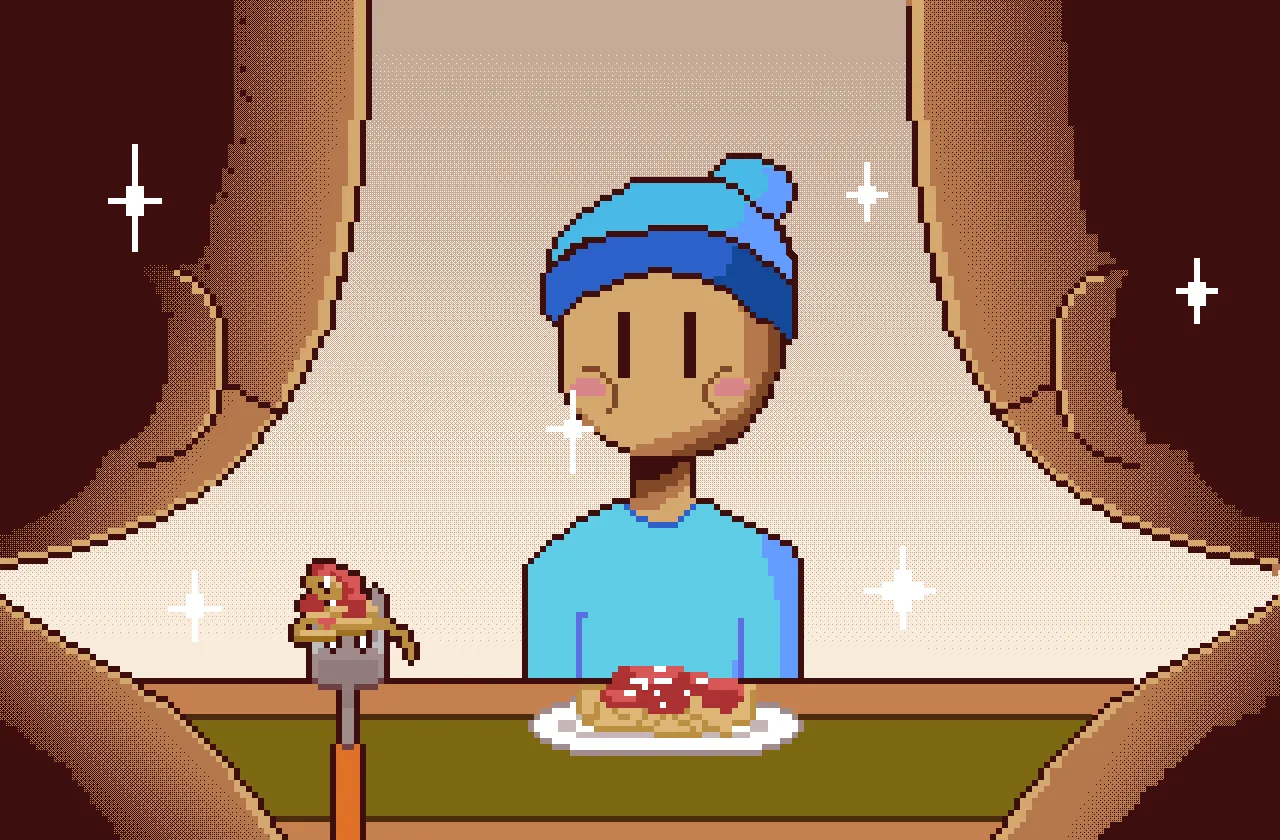 Illustration of the good ending of the game, showing the main character, a stylized character with a blue beanie, eating happily with his parents.