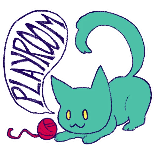 Stylized drawing of a teal cat with yellow eyes playing with pink yarn. Next to it is a speech bubble saying 'Playroom'.