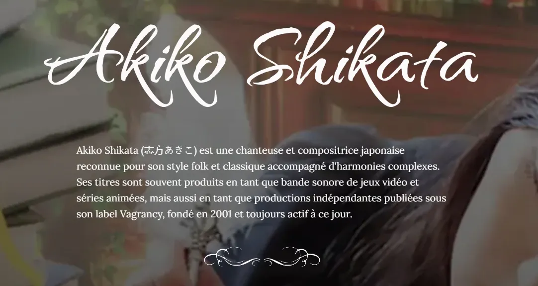 Screenshot of the MusicPLZ project's home page, which displays a presentation of the Japanese artist Akiko Shikata.