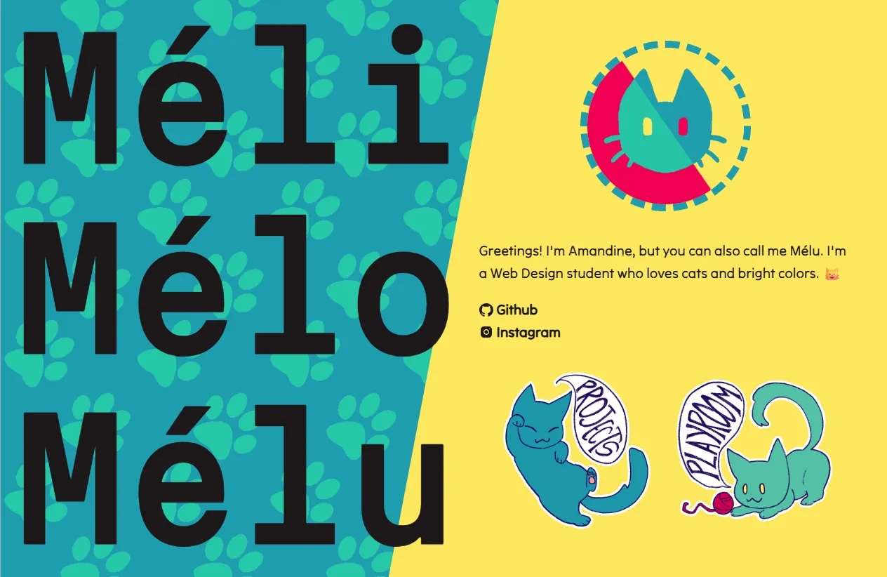 Screenshot of my end of year project, a portfolio with a very strong cat theme.