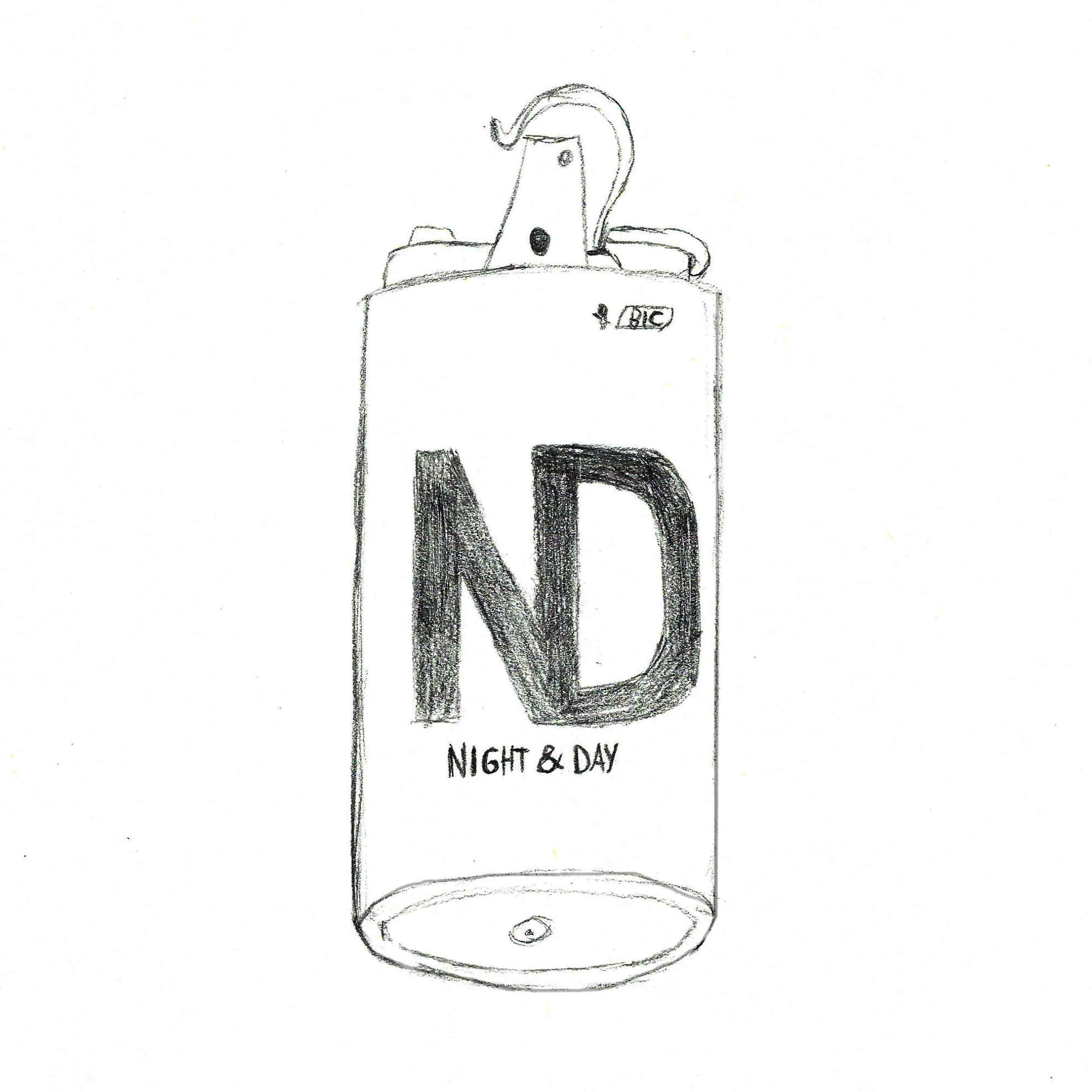 Dessin en noir et blanc d'un briquet en plastique transparent sur lequel sont inscrits les mots Night & Day sous un grand logo ND.