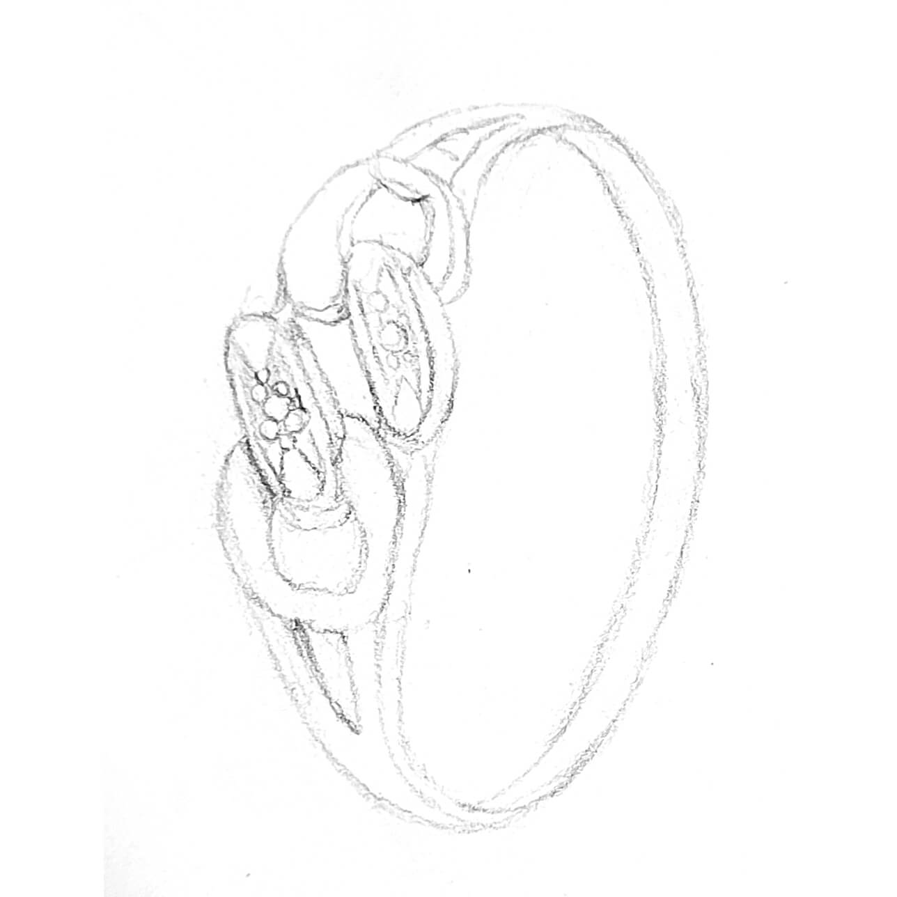 Dessin en noir et blanc d'une bague au design élaboré et ornée de fausses pierres précieuses.