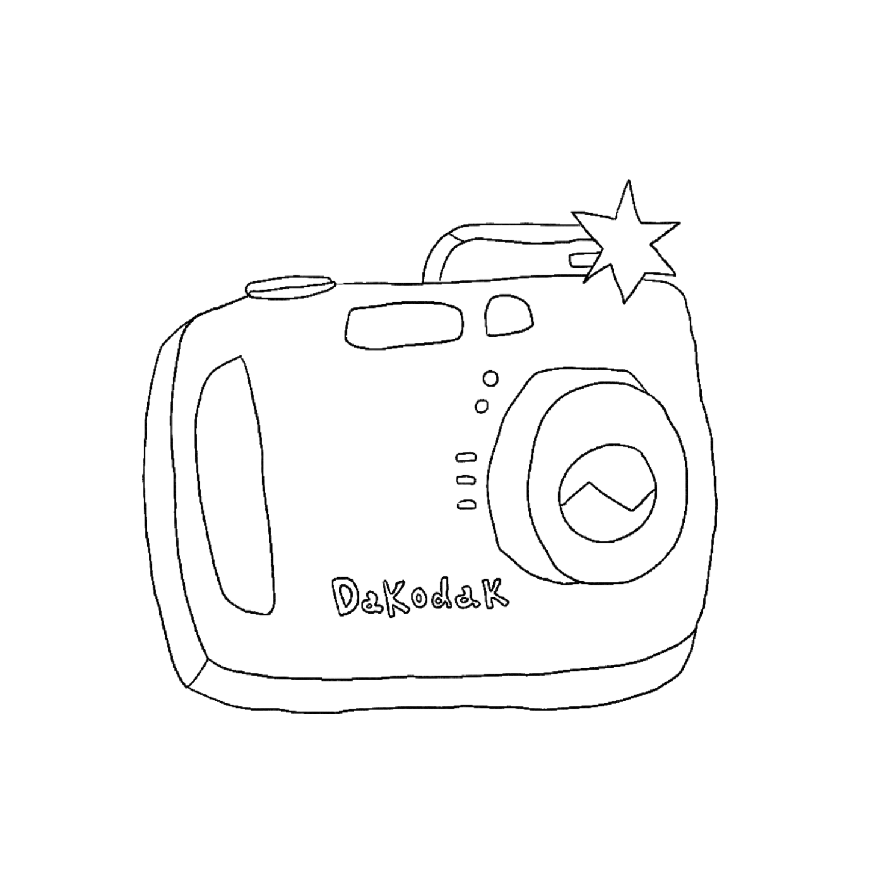 Dessin en noir et blanc d'un appareil photo de la marque Dakodak.