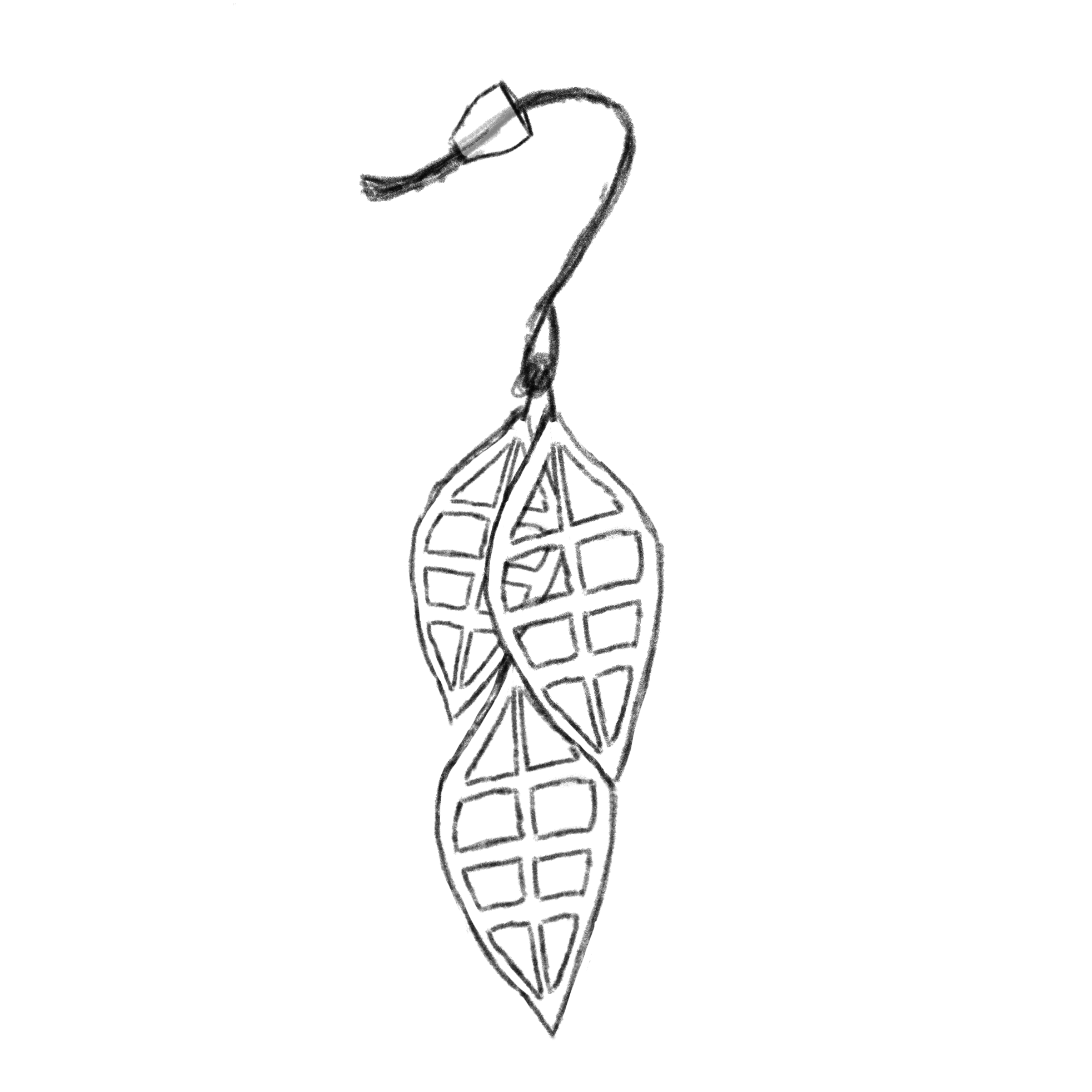 Dessin en noir et blanc d'une boucle d'oreille en métal, conçue de plusieurs parties reseemblant à des feuilles d'arbre.