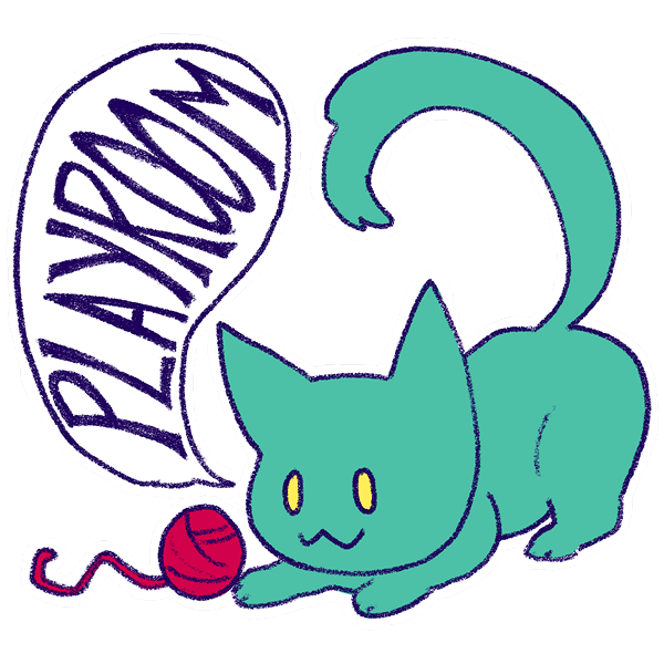 Stylized drawing of a teal cat with yellow eyes playing with pink yarn. Next to it is a speech bubble saying 'Playroom'.